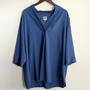 Anne Klein Womens Blue Split V-Neck 3/4 Sleeve Pleated Blouse Top Size 2X